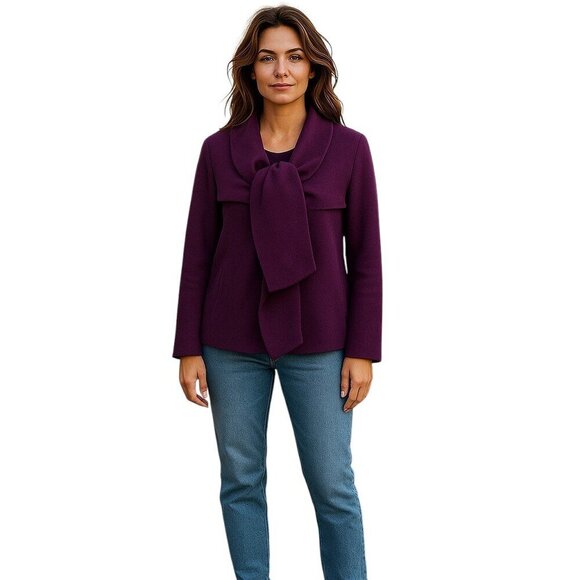 Oscar de la Renta Wool Jacket Cardigan Tie Neck Ruffle Purple Womens 14 - Picture 1 of 6